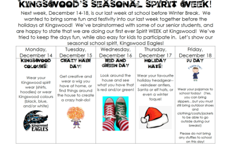 Kingswood Spirit Week!  December 14-18